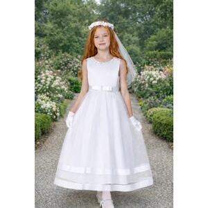 NEW Girls First Holy Communion Dress Size 8X - Satin Bodice Tulle Pearl Neckline